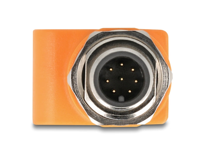 Delock M12 Adapter A-kodiert 8 Pin Stecker zu RJ45 Buchse Cat.5e mit Befestigungsloch gerade orange
