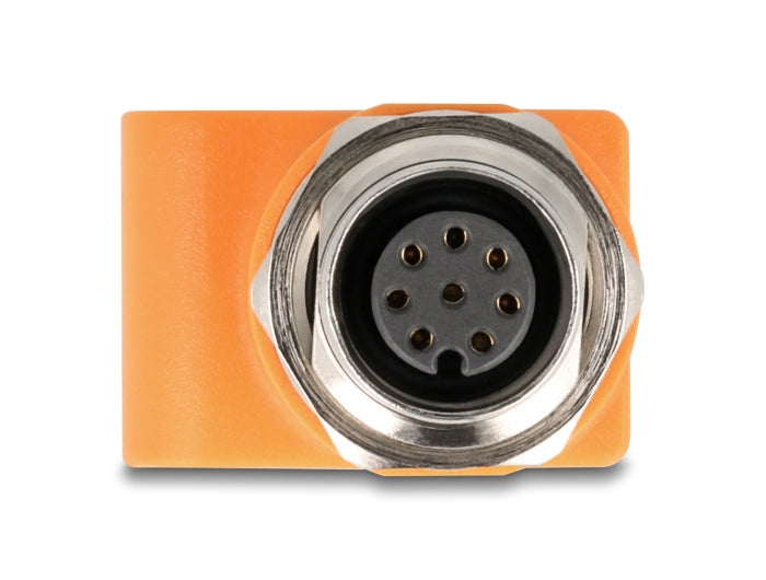 Delock M12 Adapter A-kodiert 8 Pin Buchse zu RJ45 Buchse Cat.5e mit Befestigungsloch gerade orange