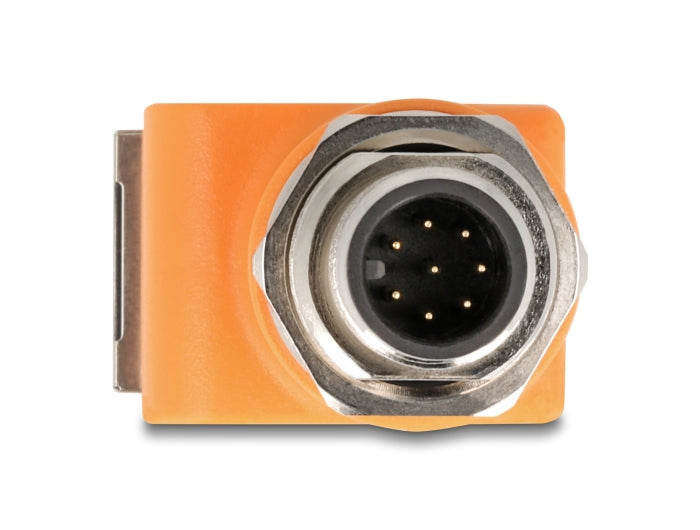 Delock M12 Adapter A-kodiert 8 Pin Stecker zu RJ45 Buchse Cat.5e mit Befestigungsloch 90° gewinkelt orange
