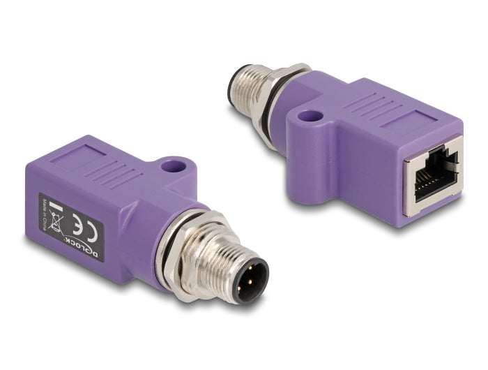 Delock M12 Adapter D-kodiert 4 Pin Stecker zu RJ45 Buchse Cat.5e mit Befestigungsloch gerade violett