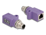 Delock M12 Adapter D-kodiert 4 Pin Stecker zu RJ45 Buchse Cat.5e mit Befestigungsloch gerade violett