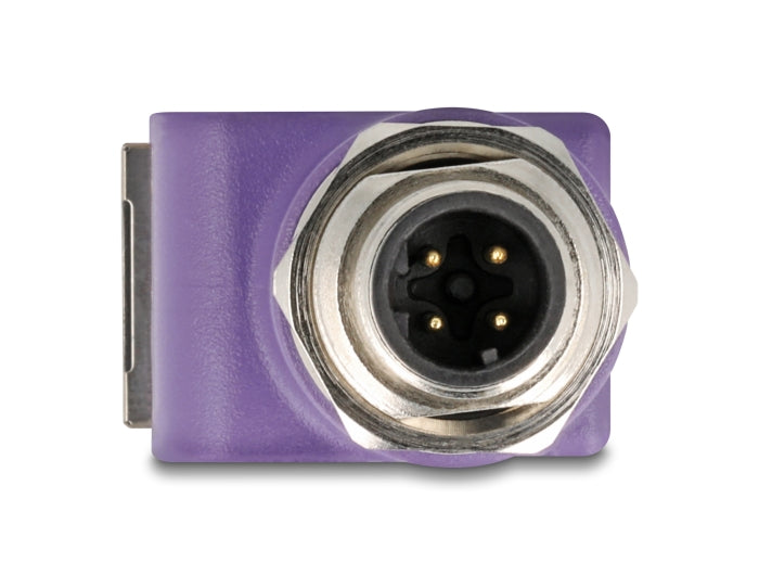 Delock M12 Adapter D-kodiert 4 Pin Stecker zu RJ45 Buchse Cat.5e mit Befestigungsloch 90° gewinkelt violett