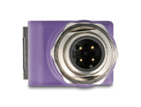 Delock M12 Adapter D-kodiert 4 Pin Stecker zu RJ45 Buchse Cat.5e mit Befestigungsloch 90° gewinkelt violett