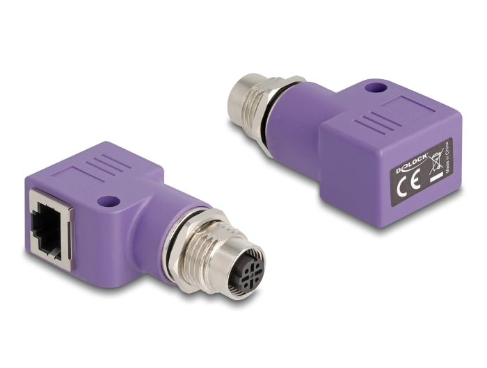 Delock M12 Adapter D-kodiert 4 Pin Buchse zu RJ45 Buchse Cat.5e mit Befestigungsloch 90° gewinkelt violett