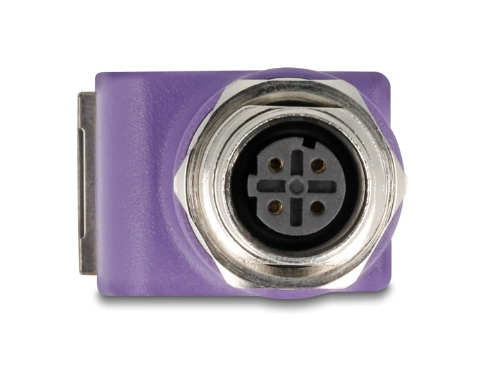 Delock M12 Adapter D-kodiert 4 Pin Buchse zu RJ45 Buchse Cat.5e mit Befestigungsloch 90° gewinkelt violett