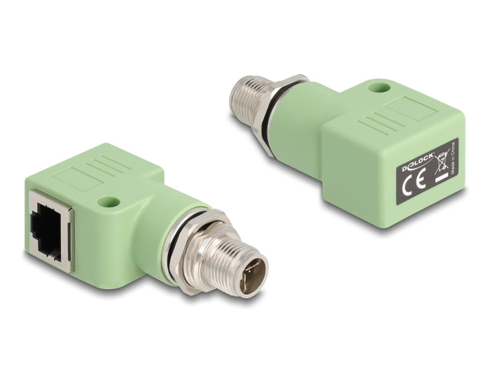 Delock M12 Adapter X-kodiert 8 Pin Stecker zu RJ45 Buchse Cat.5e mit Befestigungsloch 90° gewinkelt grün