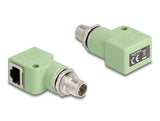 Delock M12 Adapter X-kodiert 8 Pin Stecker zu RJ45 Buchse Cat.5e mit Befestigungsloch 90° gewinkelt grün