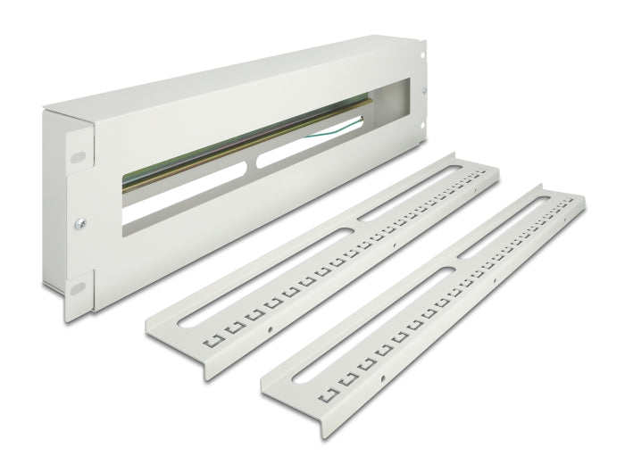Delock 19″ Schutzschalterleiste mit Abdeckung und Hutschiene inklusive 2 x Kabelzugentlastungsschiene 3 HE Metall grau