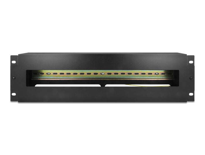 Delock 19″ Schutzschalterleiste mit Abdeckung und Hutschiene inklusive 2 x Kabelzugentlastungsschiene 3 HE Metall schwarz