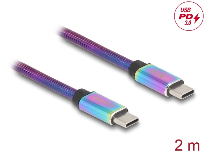 Delock USB 2.0 Kabel USB Type-C™ Stecker zu Stecker mit Metallmantel irisierend PD 3.0 60 W 2 m