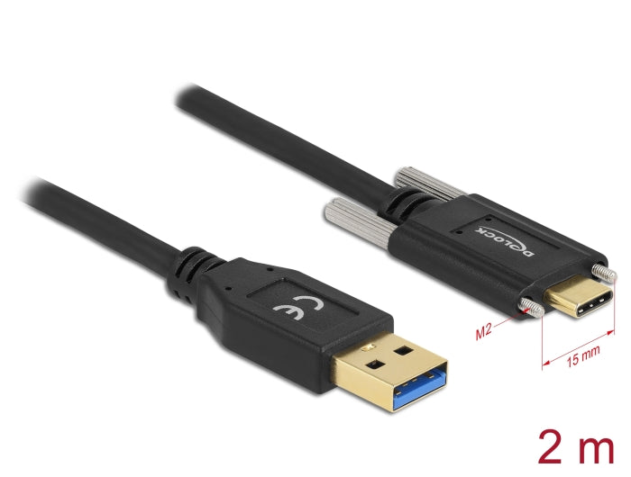 Delock USB 10 Gbps Kabel Typ-A Stecker zu USB Type-C™ Stecker mit Schrauben seitlich 2 m