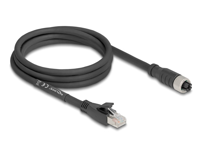 Delock M12 Kabel X-kodiert 8 Pin Buchse zu RJ45 Stecker Cat.5e S/FTP flexibel 2 m schwarz