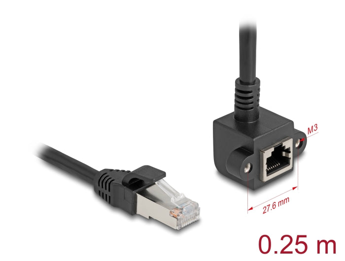 Delock Netzwerk Verlängerungskabel RJ45 Stecker zu RJ45 Buchse 90° gewinkelt Cat.6 F/UTP 0,25 m schwarz