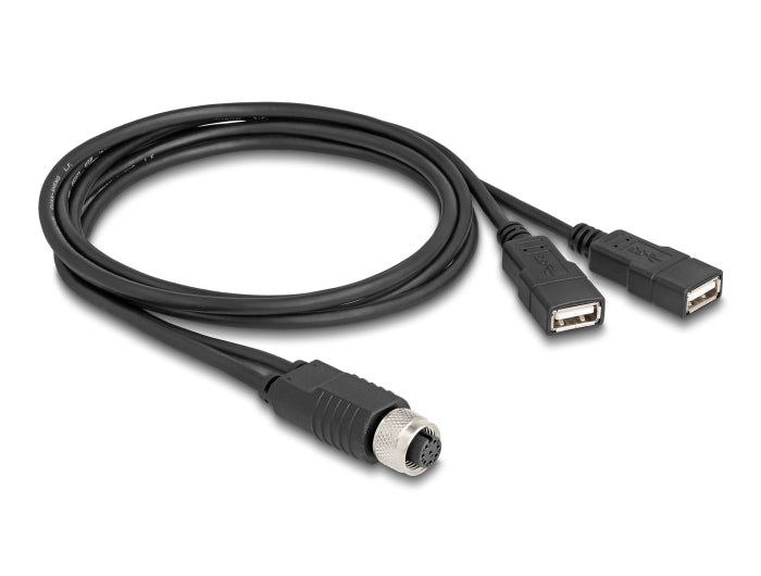 Delock M12 Kabel A-kodiert 8 Pin Buchse zu 2 x USB 2.0 Typ-A Buchse 1 m schwarz