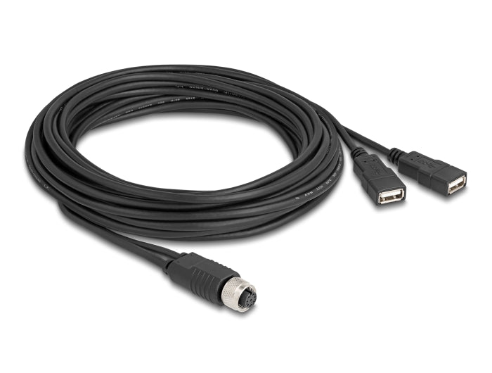Delock M12 Kabel A-kodiert 8 Pin Buchse zu 2 x USB 2.0 Typ-A Buchse 5 m schwarz
