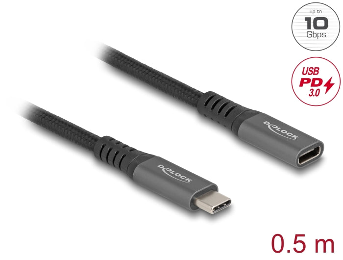 Delock USB 10 Gbps Verlängerungskabel USB Type-C™ Stecker zu Buchse PD 3.0 100 W 0,5 m grau Metall