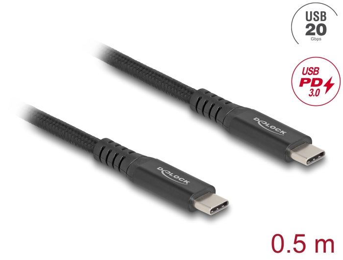 Delock USB 20 Gbps Kabel USB Type-C™ Stecker zu Stecker PD 3.0 100 W E-Marker 0,5 m schwarz Metall