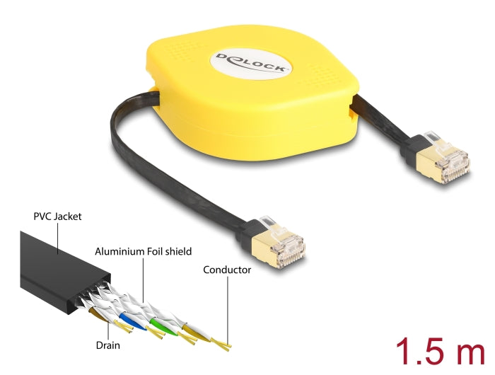 Delock RJ45 Aufrollkabel Cat.6A U/FTP 1,5 m schwarz / gelb