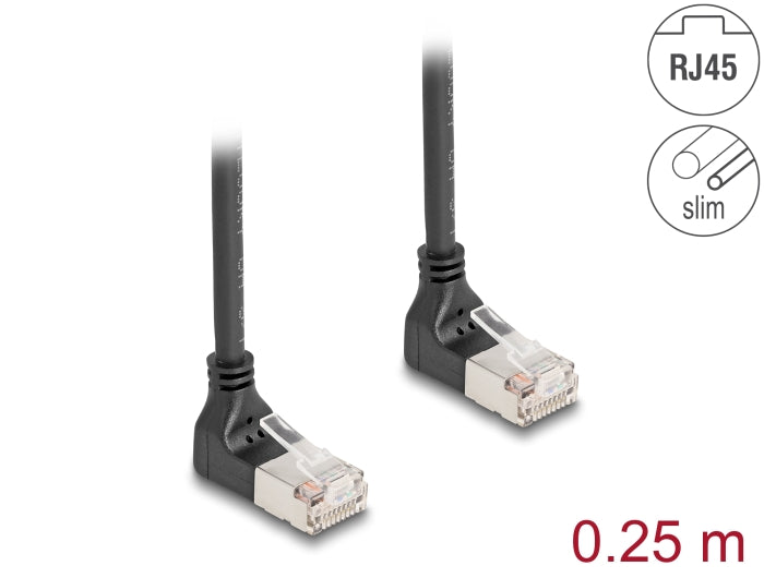 Delock RJ45 Netzwerkkabel Cat.6A S/FTP Slim 90° oben / oben gewinkelt 0,25 m schwarz