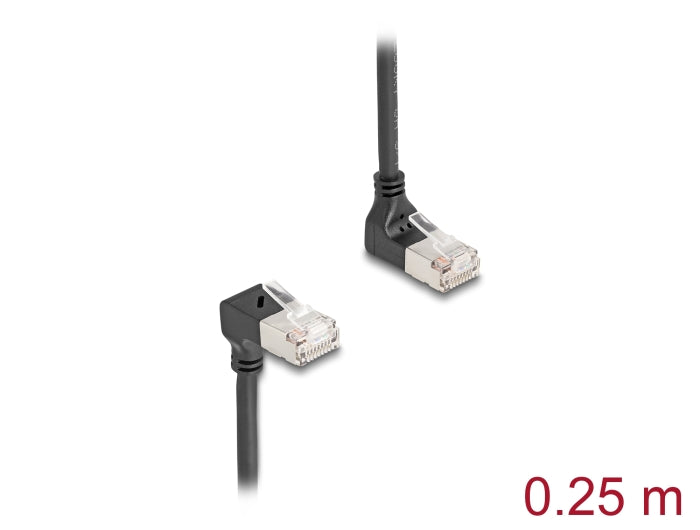Delock RJ45 Netzwerkkabel Cat.6A S/FTP Slim 90° oben / unten gewinkelt 0,25 m schwarz