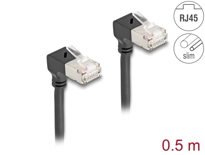 Delock RJ45 Netzwerkkabel Cat.6A S/FTP Slim 90° unten / unten gewinkelt 0,5 m schwarz
