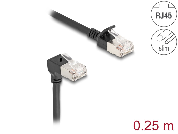 Delock RJ45 Netzwerkkabel Cat.6A S/FTP Slim 90° unten gewinkelt / gerade 0,25 m schwarz