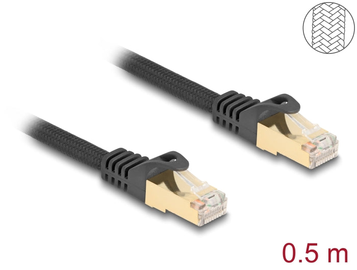 Delock RJ45 Netzwerkkabel mit Geflechtmantel Cat.6A S/FTP Stecker zu Stecker 0,5 m schwarz