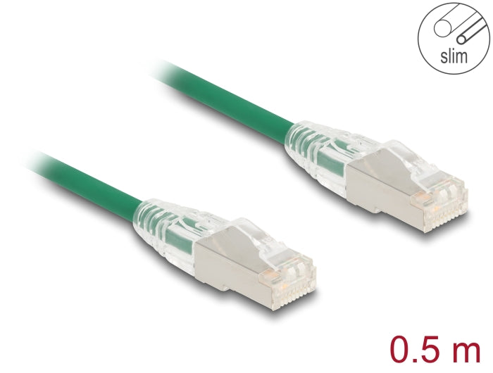 Delock RJ45 Netzwerkkabel Cat.6A Stecker zu Stecker mit gebogener Rastnase U/FTP Slim 0,5 m grün