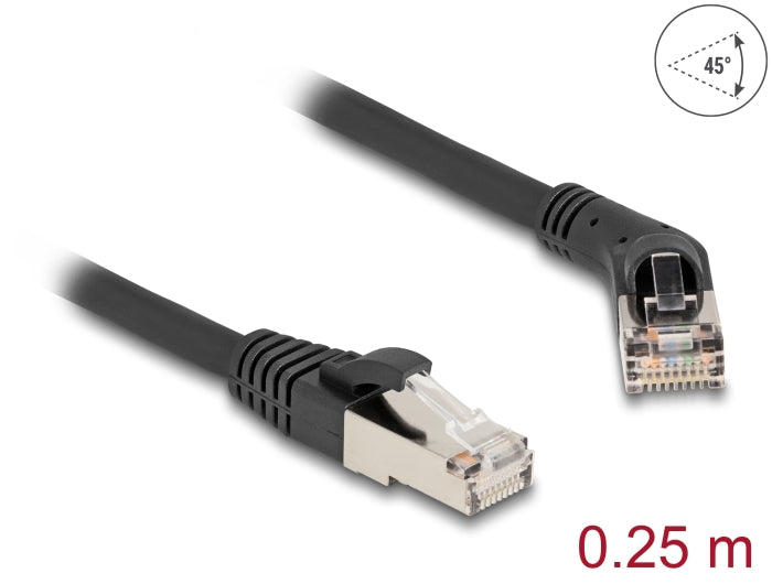 Delock RJ45 Netzwerkkabel Cat.6A S/FTP Stecker 45° nach rechts gewinkelt zu Stecker gerade 0,25 m schwarz
