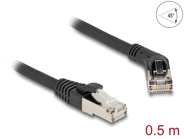 Delock RJ45 Netzwerkkabel Cat.6A S/FTP Stecker 45° nach rechts gewinkelt zu Stecker gerade 0,5 m schwarz