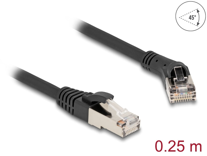 Delock RJ45 Netzwerkkabel Cat.8.1 S/FTP Stecker 45° nach rechts gewinkelt zu Stecker gerade bis 40 Gbps 0,25 m schwarz
