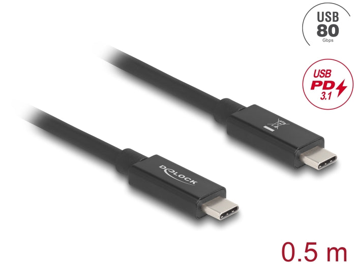 Delock USB 80 Gbps Kabel USB Type-C™ Stecker zu Stecker 16K 60 Hz PD 3.1 240 W E-Marker koaxial 0,5 m schwarz