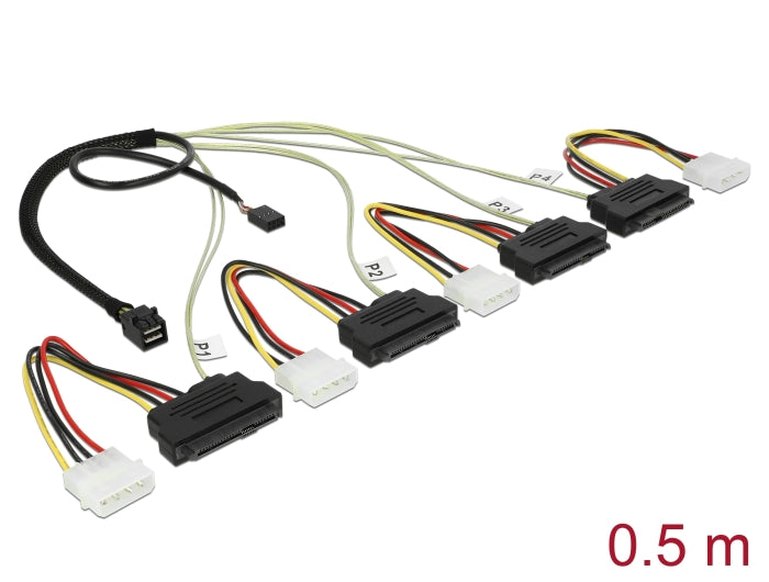 Delock Kabel Mini SAS HD SFF-8643 > 4 x SAS SFF-8482 + Power + Sideband 0,5 m