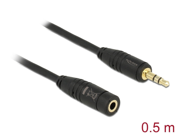 Delock Klinkenverlängerungskabel 3,5 mm 3 Pin Stecker > Buchse 0,5 m schwarz
