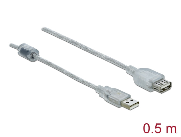 Delock Verlängerungskabel USB 2.0 Typ-A Stecker > USB 2.0 Typ-A Buchse 0,5 m transparent