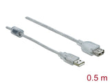 Delock Verlängerungskabel USB 2.0 Typ-A Stecker > USB 2.0 Typ-A Buchse 0,5 m transparent