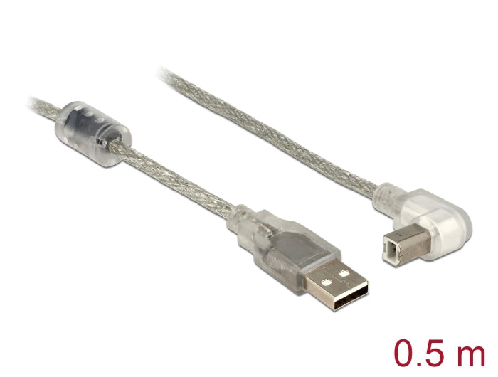 Delock Kabel USB 2.0 Typ-A Stecker > USB 2.0 Typ-B Stecker gewinkelt 0,5 m transparent