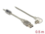 Delock Kabel USB 2.0 Typ-A Stecker > USB 2.0 Typ-B Stecker gewinkelt 0,5 m transparent