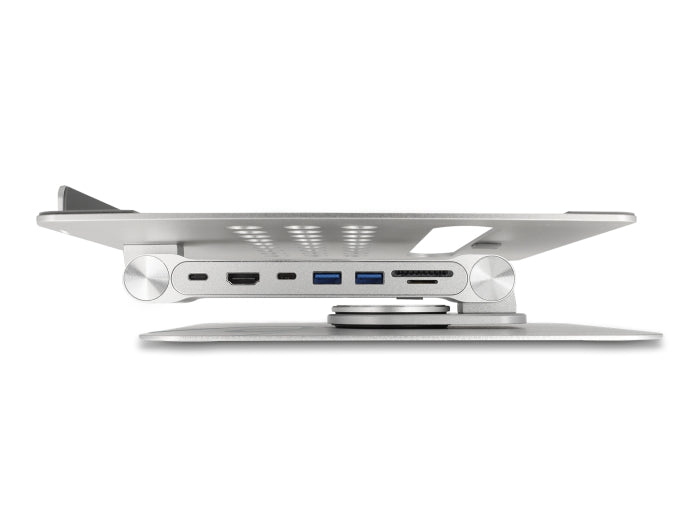 Delock Tablet und Notebook Ständer mit eingebauter Dockingstation 4K - HDMI / Kartenleser / Hub / PD 3.0 90 W - 360° drehbar