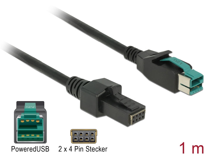 Delock PoweredUSB Kabel Stecker 12 V > 2 x 4 Pin Stecker 1 m für POS Drucker und Terminals