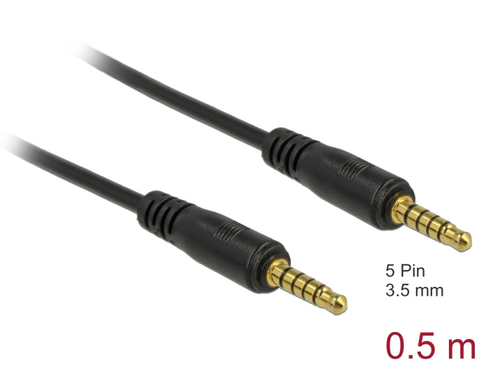 Delock Klinkenkabel 3,5 mm 5 Pin Stecker zu Stecker 0,5 m schwarz