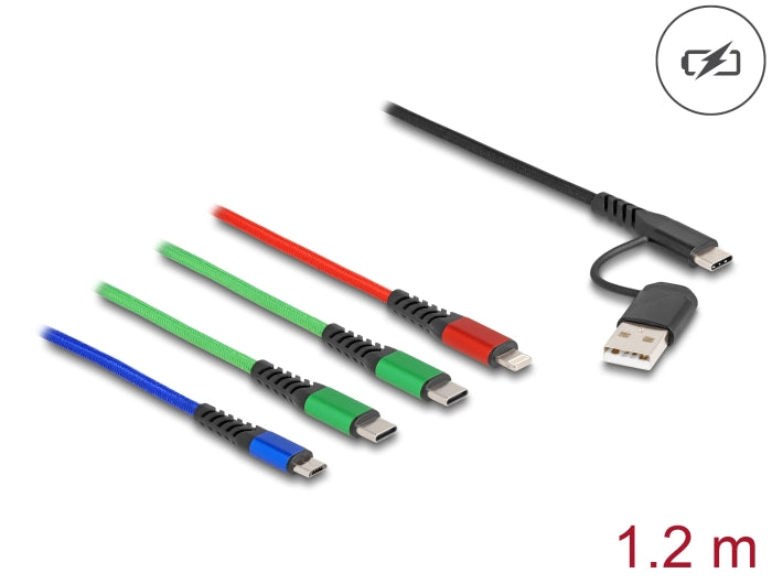 Delock USB Ladekabel 4 in 1 USB Typ-A + USB-C™ zu Lightning™ / Micro USB / 2 x USB Type-C™ 1,20 m