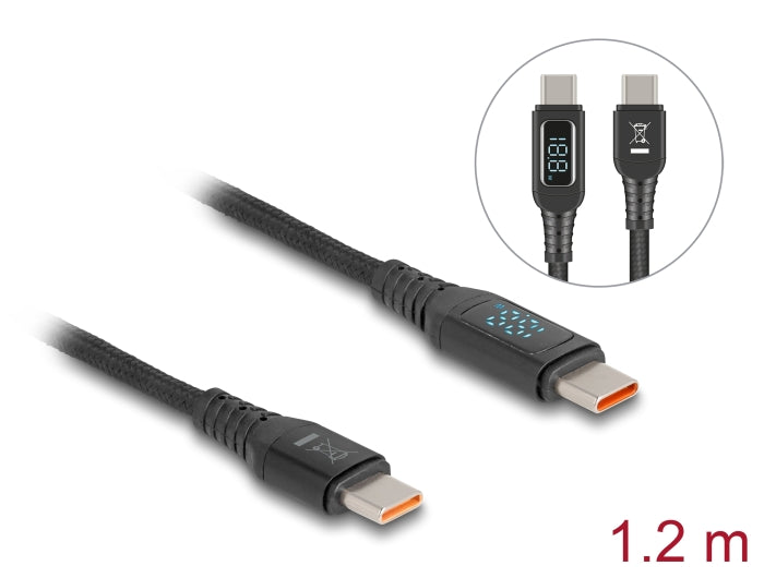 Delock USB 2.0 Daten- und Schnellladekabel USB Type-C™ Stecker zu Stecker PD 3.1 140 W mit Leistungsanzeige 1,20 m