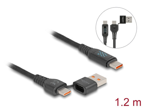Delock USB 2.0 Daten- und Schnellladekabel USB Type-C™ + USB Typ-A Stecker zu USB Type-C™ Stecker PD 3.1 140 W mit Leistungsanzeige 1,20 m