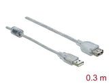 Delock Verlängerungskabel USB 2.0 Typ-A Stecker > USB 2.0 Typ-A Buchse 0,3 m transparent