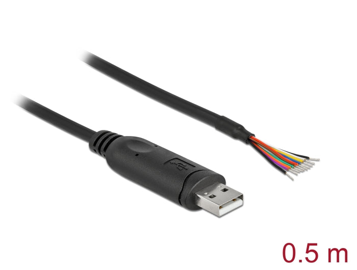 Delock Adapterkabel USB 2.0 Typ-A zu seriell RS-232 mit 9 offenen Kabelenden + Schirmung 0,5 m