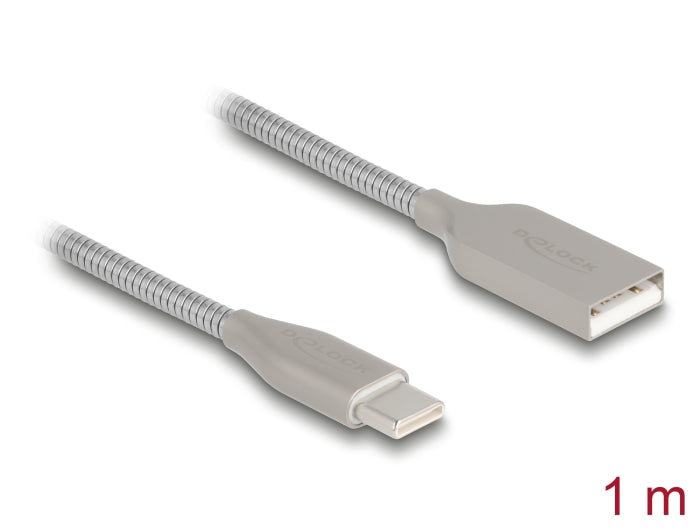 Delock USB 2.0 Kabel mit Metallmantel USB Typ-A Stecker zu USB Type-C™ Stecker PD 3.0 60 W 1 m silber