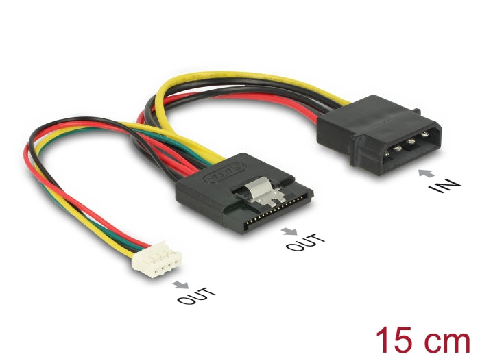 Delock Stromkabel SATA 15 Pin Buchse > Molex 4 Pin Stecker + 4 Pin Strombuchse