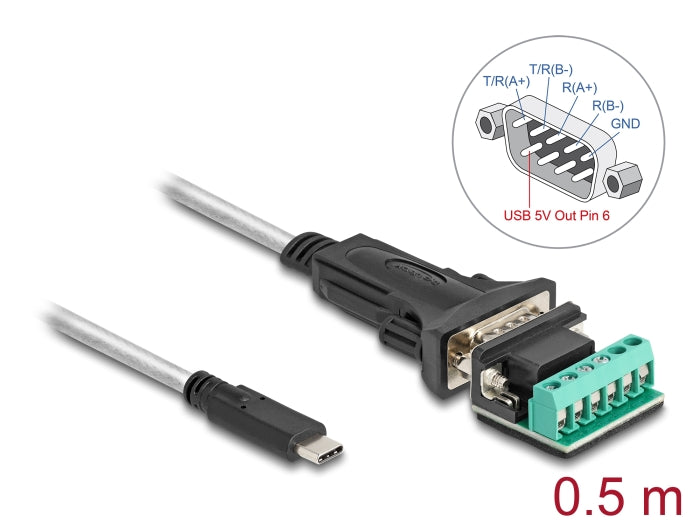 Delock Adapter USB Type-C™ zu 1 x Seriell RS-422/485 Stecker mit 6 Pin Terminalblock 5 V 0,5 m