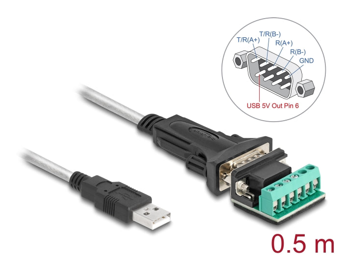Delock Adapter USB 2.0 Typ-A zu 1 x Seriell RS-422/485 Stecker mit 6 Pin Terminalblock 5 V 0,5 m
